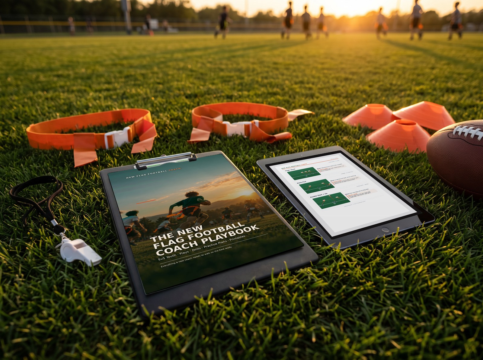 The New Flag Football Coach Playbook on a clipboard and tablet at the edge of a youth flag football field