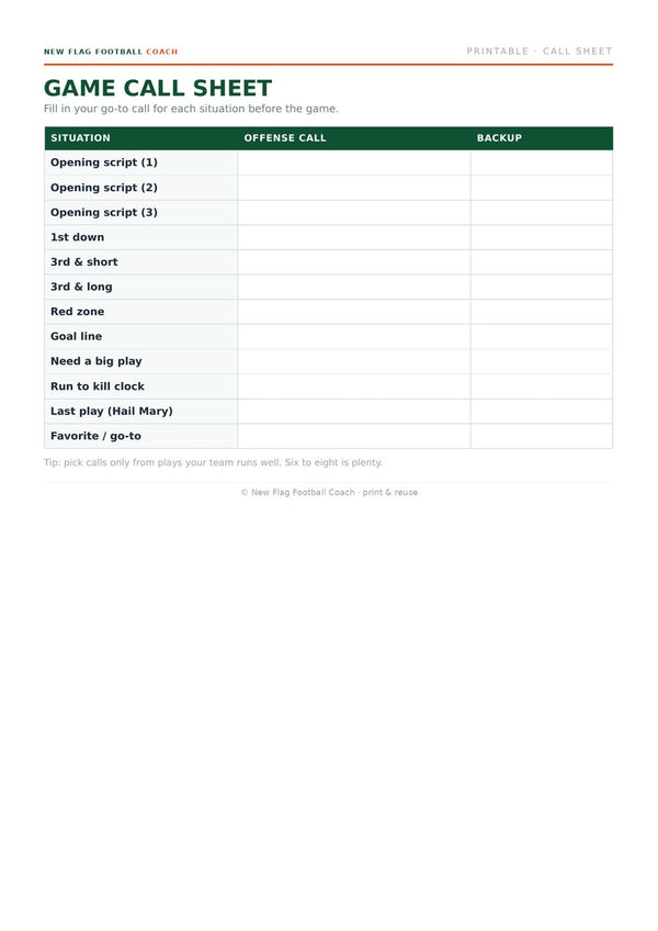 Game call sheet printable