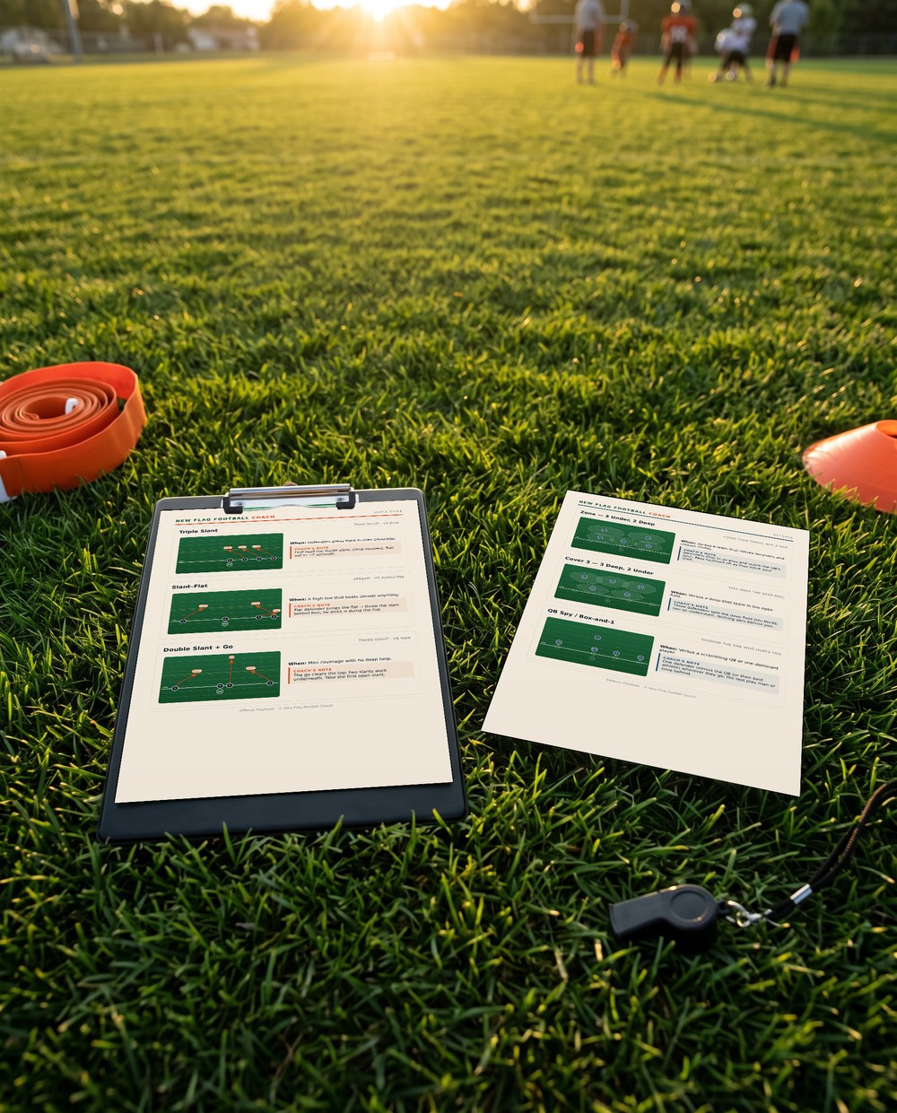 Offense and defense playbook pages with illustrated flag football play diagrams